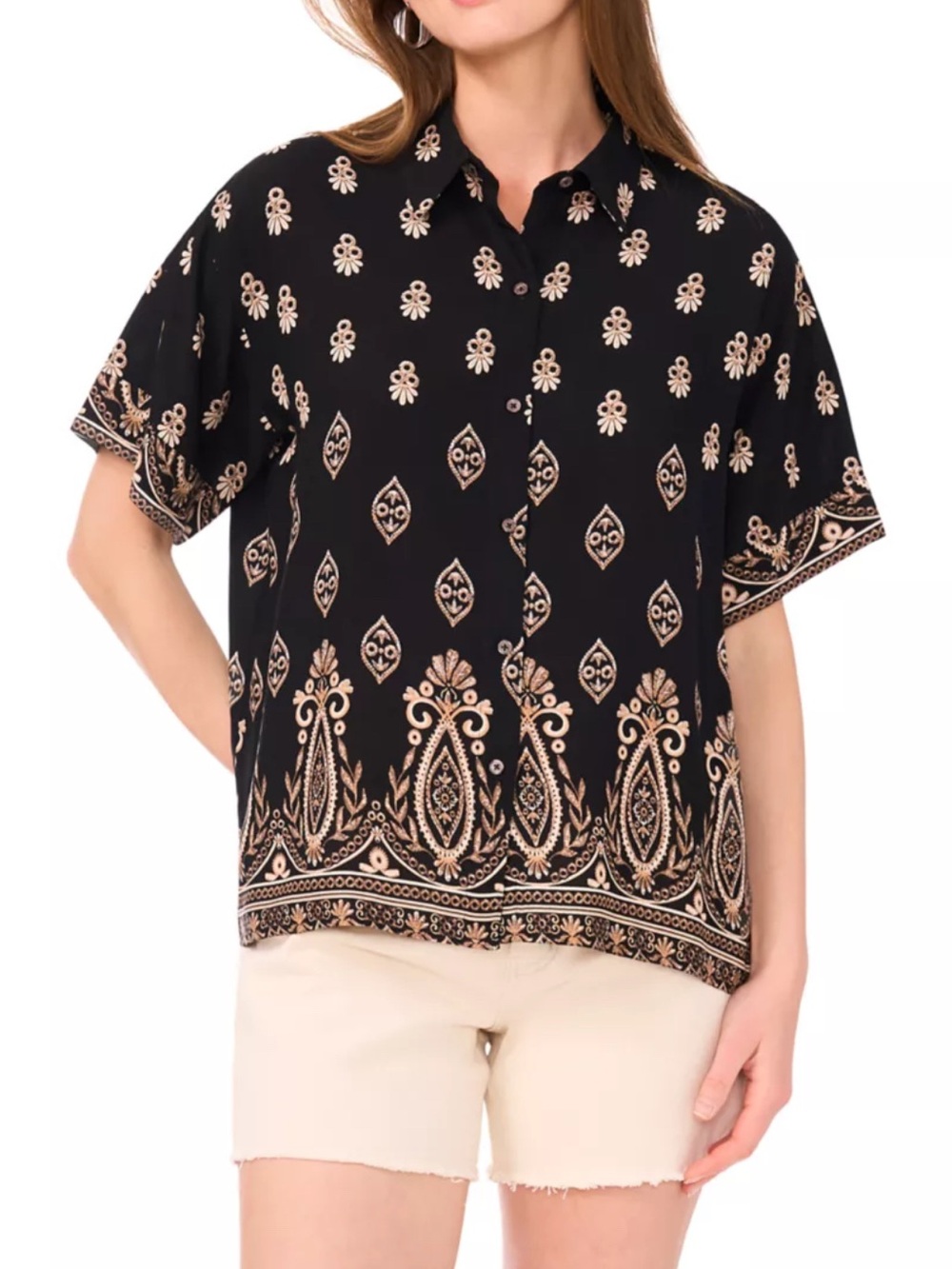NWT Vince Camuto Black Boho Printed Oversized Button Down Blouse Top Large